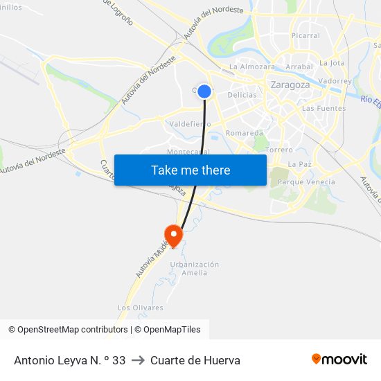Antonio Leyva N. º 33 to Cuarte de Huerva map