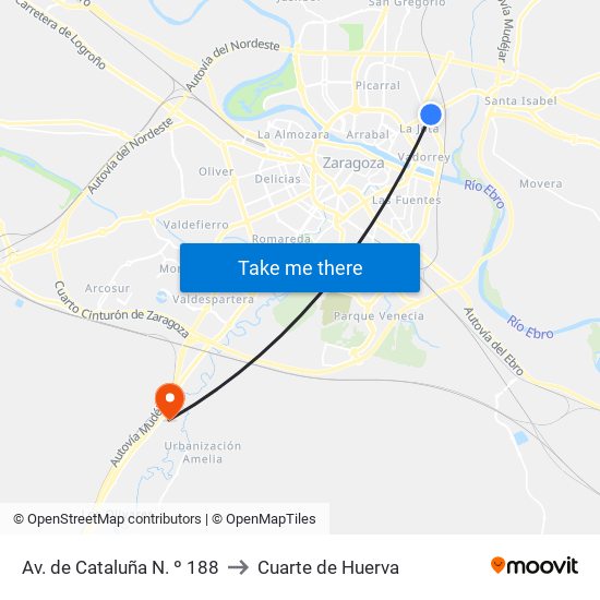 Av. de Cataluña N. º 188 to Cuarte de Huerva map