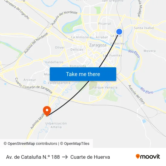 Av. de Cataluña N.º 188 to Cuarte de Huerva map