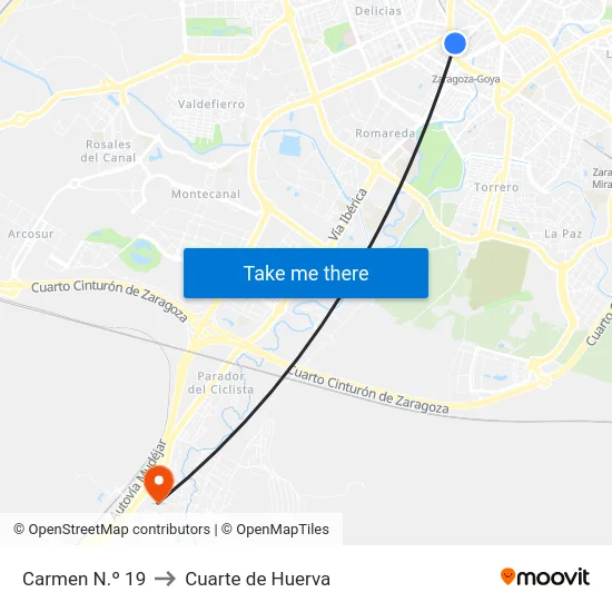 Carmen N.º 19 to Cuarte de Huerva map