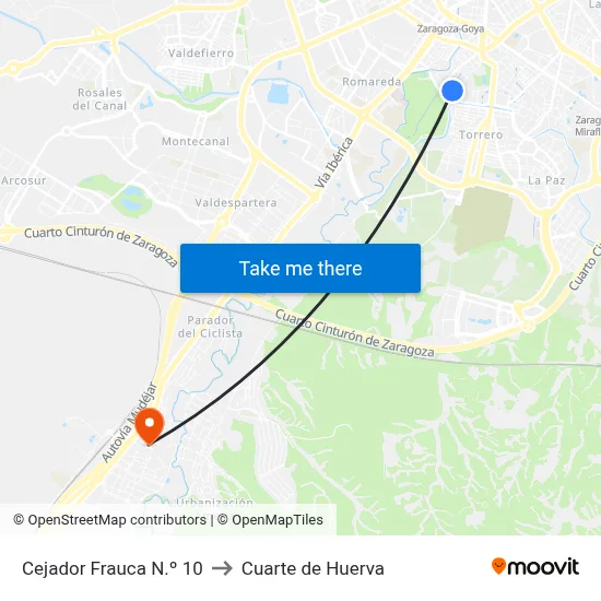 Cejador Frauca N.º 10 to Cuarte de Huerva map