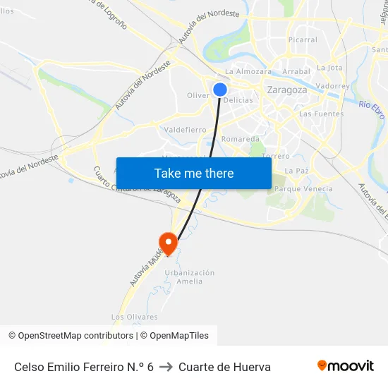 Celso Emilio Ferreiro N.º 6 to Cuarte de Huerva map