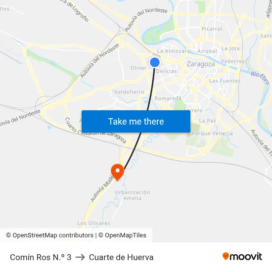 Comín Ros N.º 3 to Cuarte de Huerva map