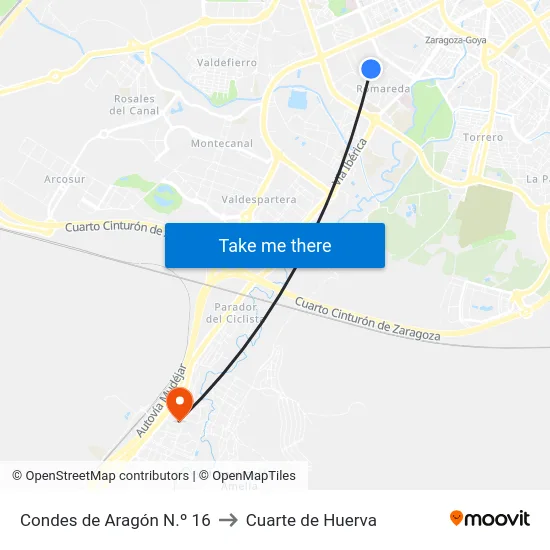 Condes de Aragón N.º 16 to Cuarte de Huerva map