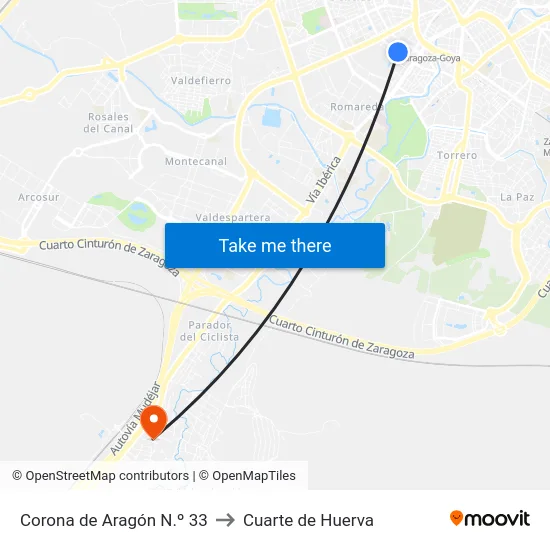 Corona de Aragón N.º 33 to Cuarte de Huerva map