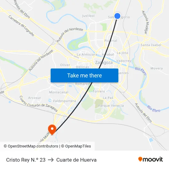 Cristo Rey N.º 23 to Cuarte de Huerva map