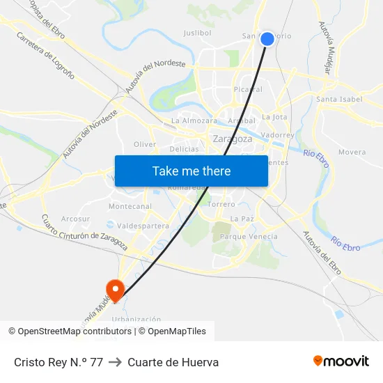 Cristo Rey N.º 77 to Cuarte de Huerva map