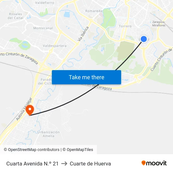 Cuarta Avenida N.º 21 to Cuarte de Huerva map
