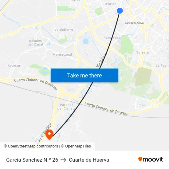 García Sánchez N.º 26 to Cuarte de Huerva map