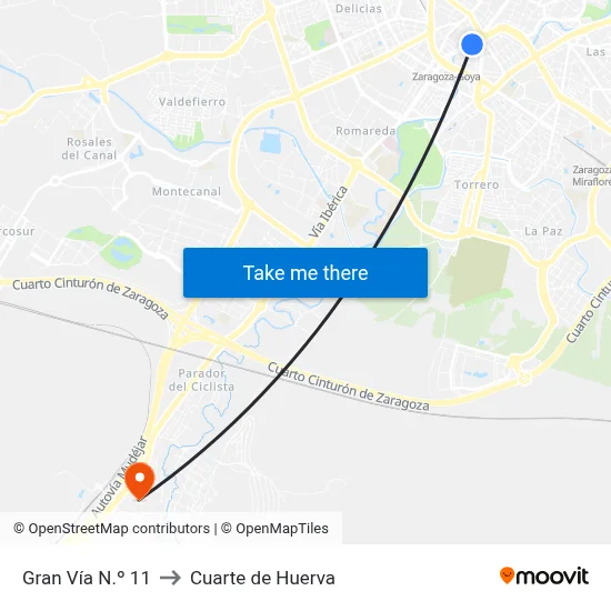 Gran Vía N.º 11 to Cuarte de Huerva map
