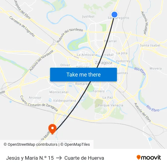 Jesús y María N.º 15 to Cuarte de Huerva map