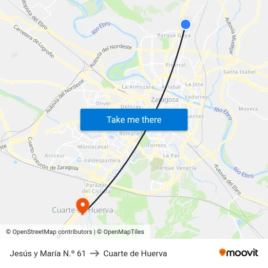Jesús y María N.º 61 to Cuarte de Huerva map