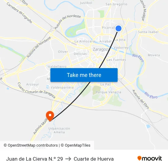 Juan de La Cierva N.º 29 to Cuarte de Huerva map