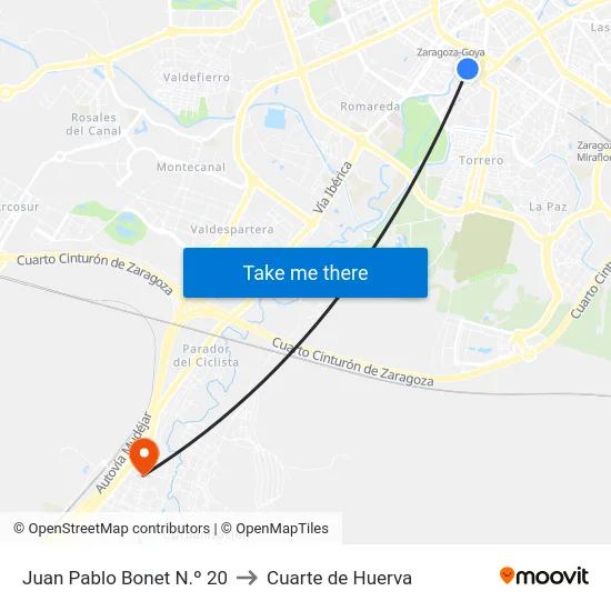 Juan Pablo Bonet N.º 20 to Cuarte de Huerva map