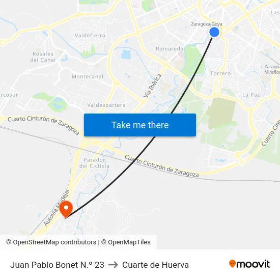 Juan Pablo Bonet N.º 23 to Cuarte de Huerva map