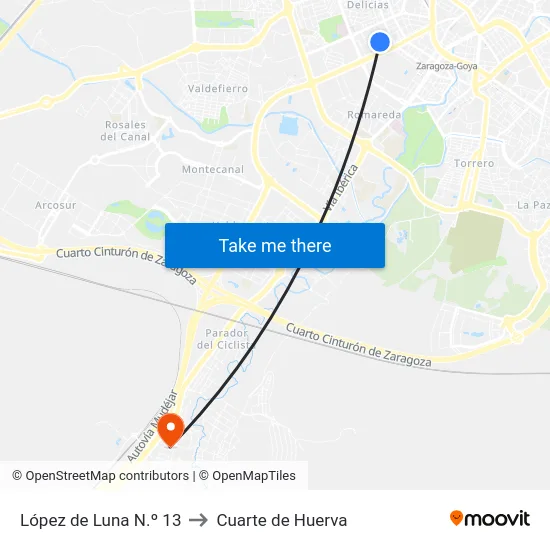 López de Luna N.º 13 to Cuarte de Huerva map