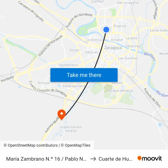 María Zambrano N.º 16 / Pablo Neruda to Cuarte de Huerva map