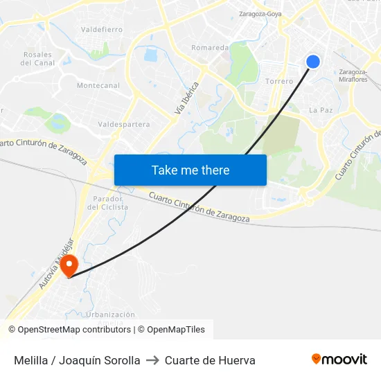 Melilla / Joaquín Sorolla to Cuarte de Huerva map