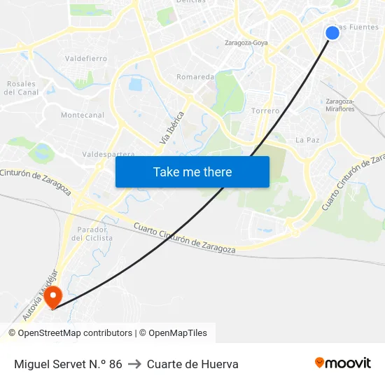Miguel Servet N.º 86 to Cuarte de Huerva map