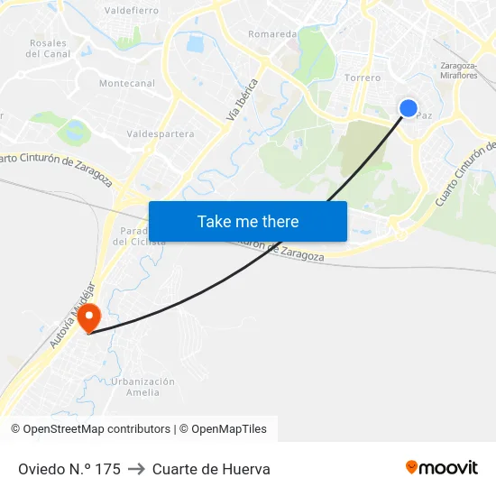 Oviedo N.º 175 to Cuarte de Huerva map
