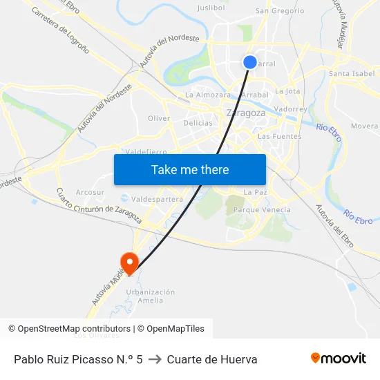 Pablo Ruiz Picasso N.º 5 to Cuarte de Huerva map