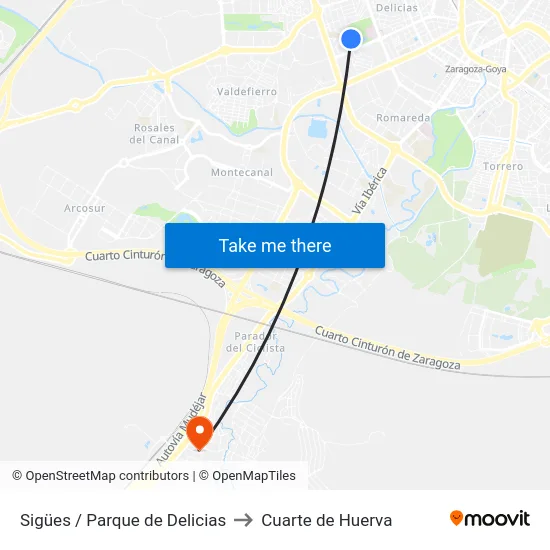 Sigües / Parque de Delicias to Cuarte de Huerva map