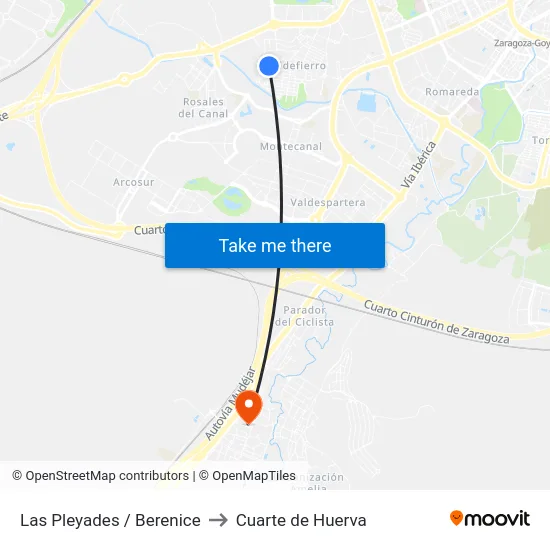 Las Pleyades / Berenice to Cuarte de Huerva map