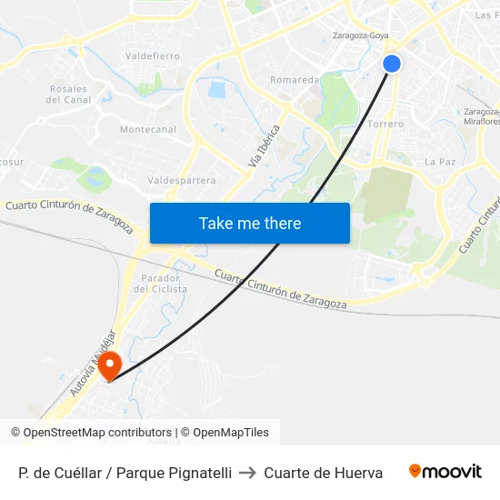P. de Cuéllar / Parque Pignatelli to Cuarte de Huerva map
