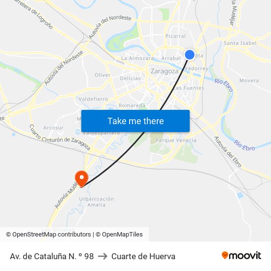 Av. de Cataluña N. º 98 to Cuarte de Huerva map