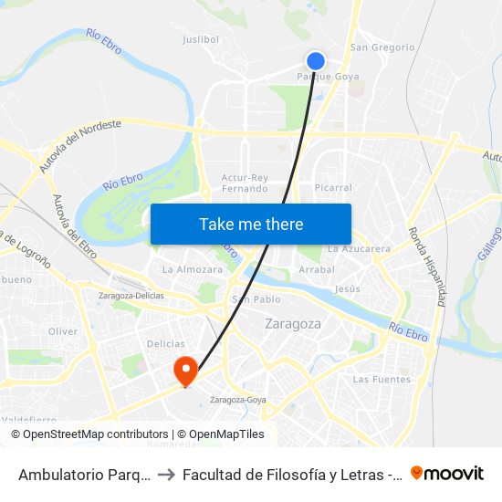 Ambulatorio Parque Goya II to Facultad de Filosofía y Letras - Edificio Central map