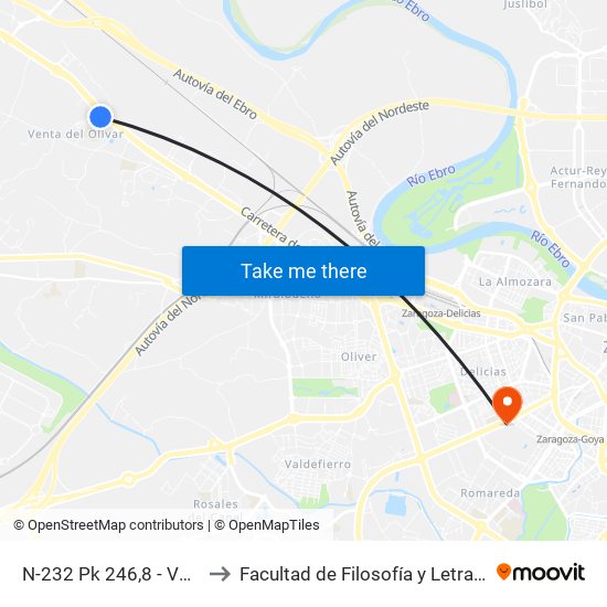 N-232 Pk 246,8 - Venta Del Olivar to Facultad de Filosofía y Letras - Edificio Central map