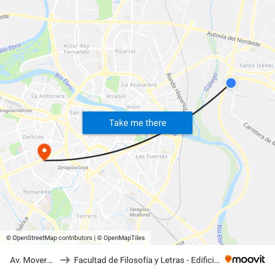 Av. Movera, 95 to Facultad de Filosofía y Letras - Edificio Central map