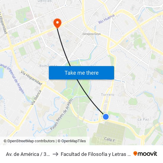 Av. de América / 3er Cinturón to Facultad de Filosofía y Letras - Edificio Central map