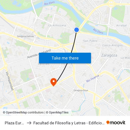 Plaza Europa to Facultad de Filosofía y Letras - Edificio Central map