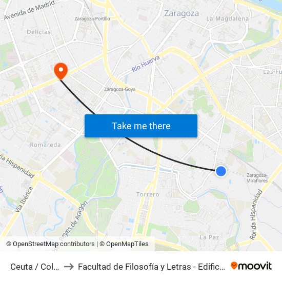 Ceuta / Colegio to Facultad de Filosofía y Letras - Edificio Central map