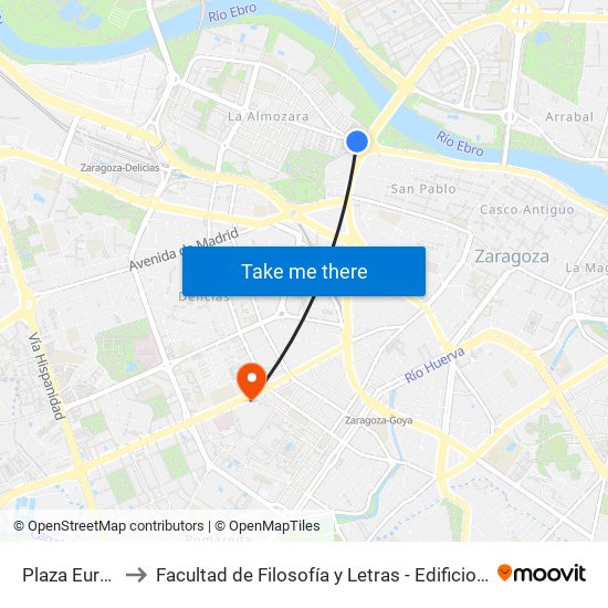 Plaza Europa to Facultad de Filosofía y Letras - Edificio Central map