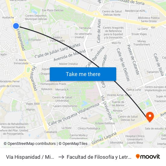 Vía Hispanidad / Miguel Labordeta to Facultad de Filosofía y Letras - Edificio Central map