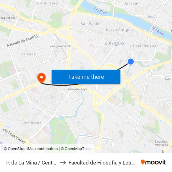 P. de La Mina / Centro de Mayores to Facultad de Filosofía y Letras - Edificio Central map