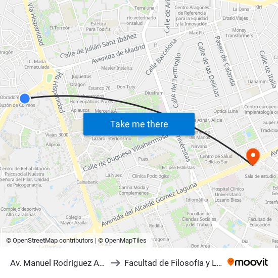 Av. Manuel Rodríguez Ayuso / Supermercado to Facultad de Filosofía y Letras - Edificio Central map