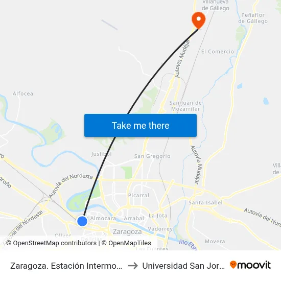 Zaragoza. Estación Intermodal to Universidad San Jorge map