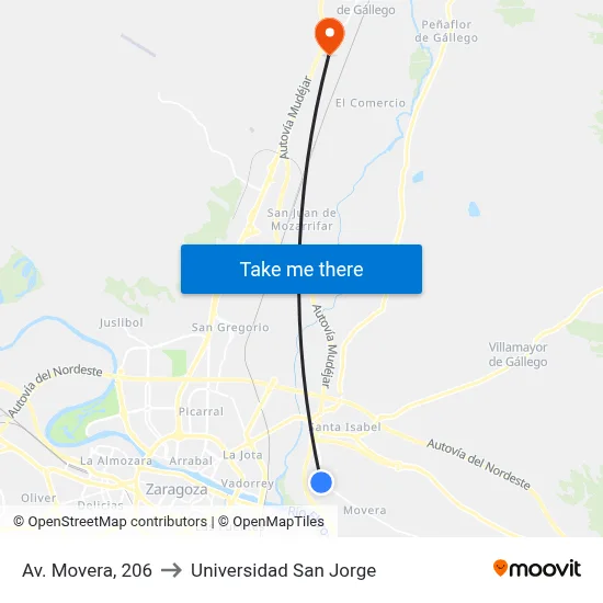 Av. Movera, 206 to Universidad San Jorge map