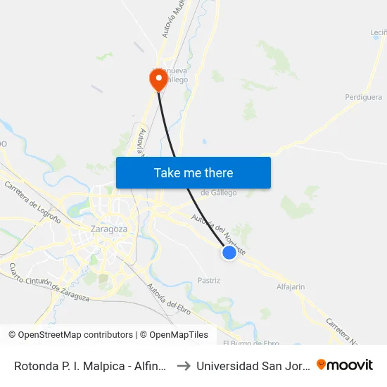 Rotonda P. I.  Malpica - Alfindén to Universidad San Jorge map