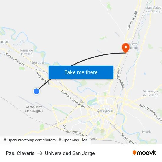 Pza. Clavería to Universidad San Jorge map