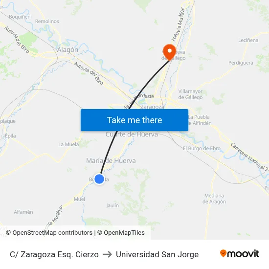 C/ Zaragoza Esq. Cierzo to Universidad San Jorge map