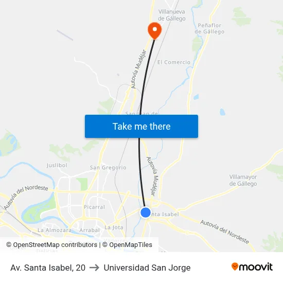 Av. Santa Isabel, 20 to Universidad San Jorge map