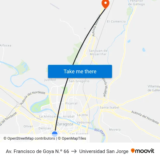 Av. Francisco de Goya N.º 66 to Universidad San Jorge map