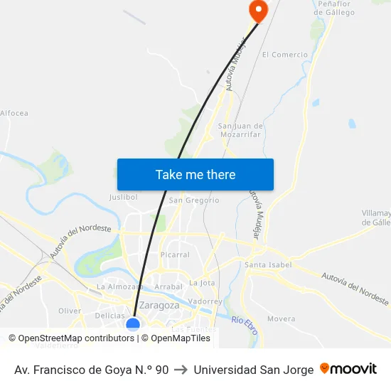 Av. Francisco de Goya N.º 90 to Universidad San Jorge map