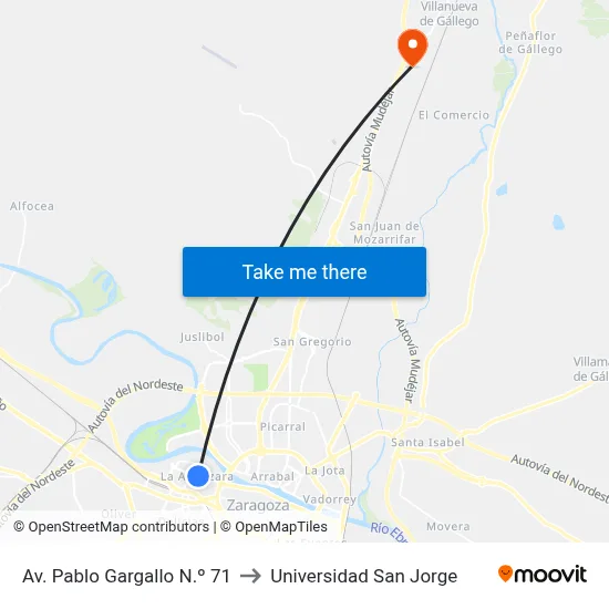 Av. Pablo Gargallo N.º 71 to Universidad San Jorge map