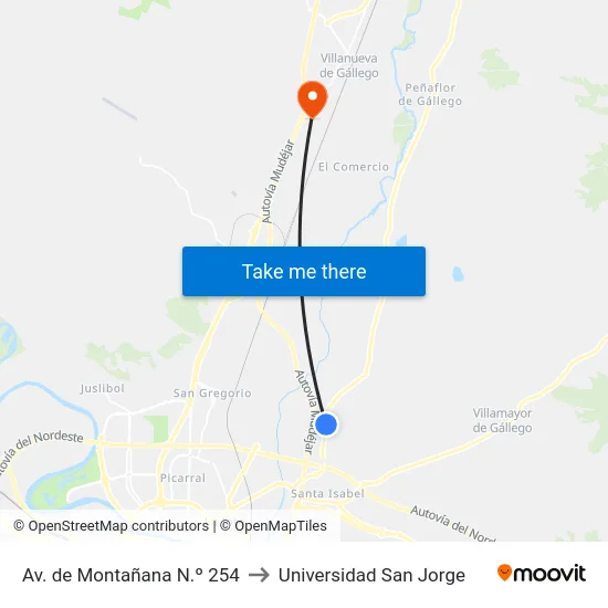 Av. de Montañana N.º 254 to Universidad San Jorge map