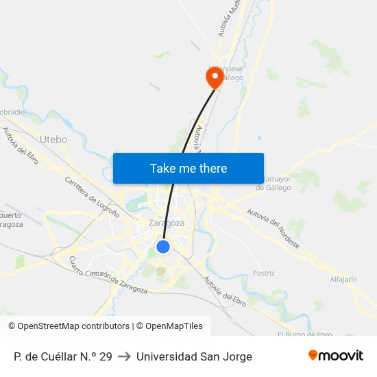 P. de Cuéllar N.º 29 to Universidad San Jorge map